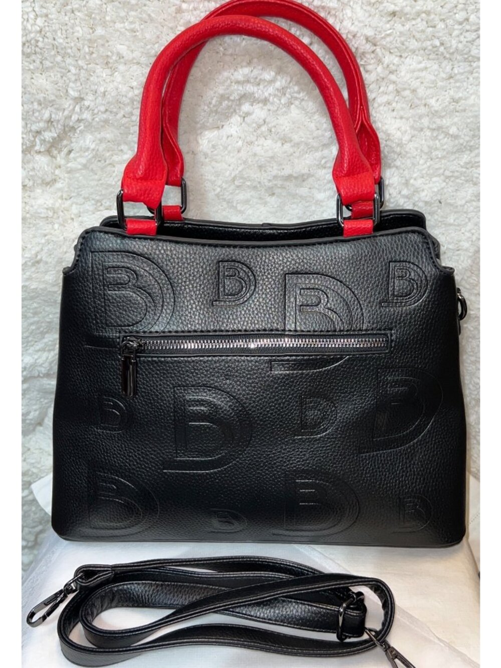 New Demi Bey Redline Embossed PU Leather Bag Dual Handles Zipper Closure Strap - Picture 2 of 8